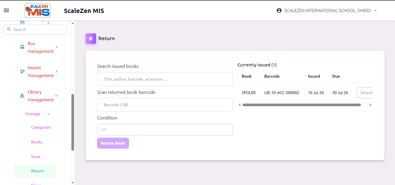 Library Return Screen